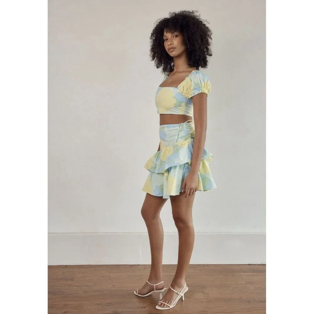 SABO SKIRT Jamila Floral Two Piece Set US 2 Puff Sleeve Crop Top Mini Skirt